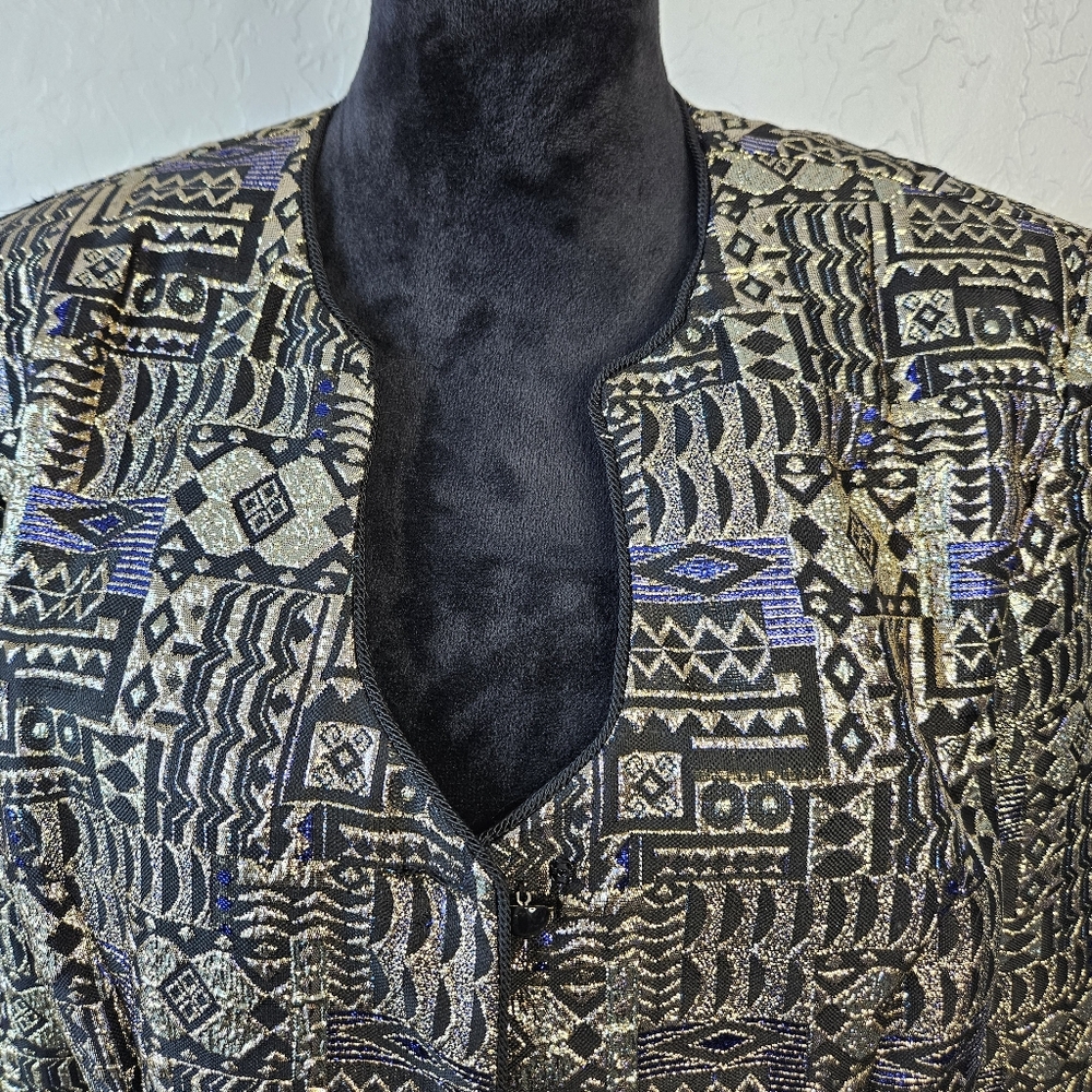 Patra Vintage 80's Gold Metallic Long Sleeve Tapestry Jacket Geometric Sz 16 - Picture 2 of 14
